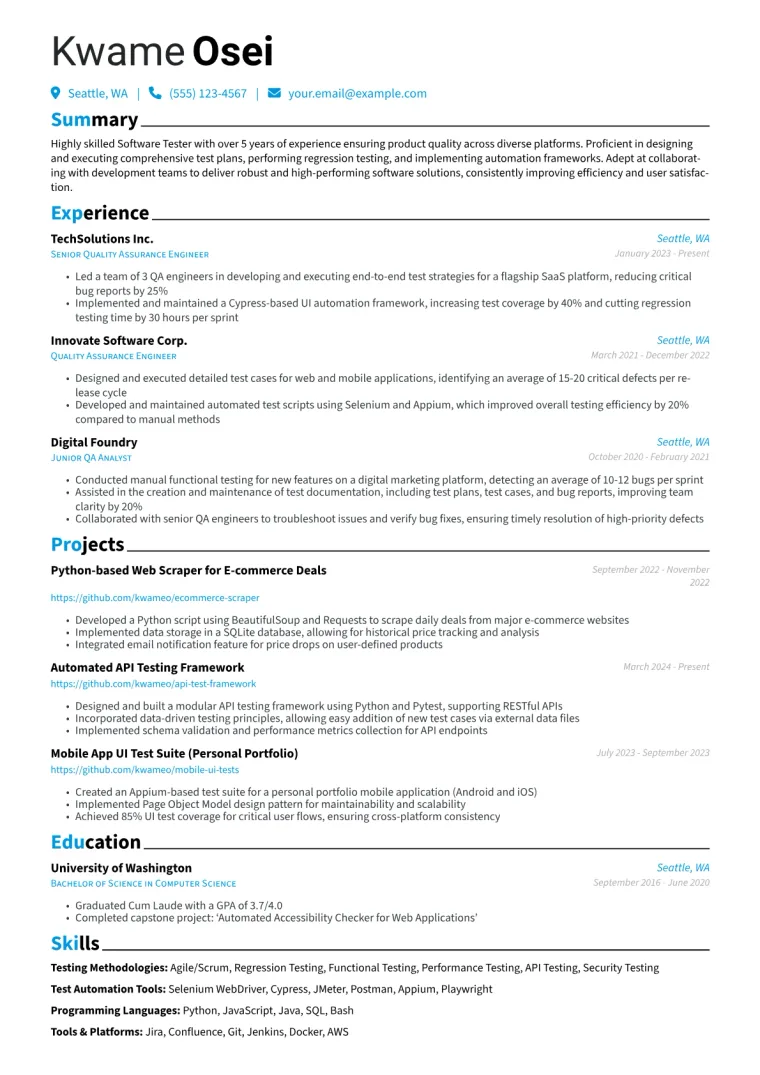 Experienced Software Tester Resume Example CV template preview