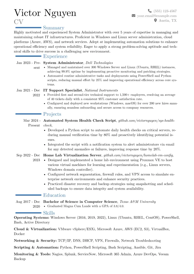Experienced System Administrator Resume Example CV template preview