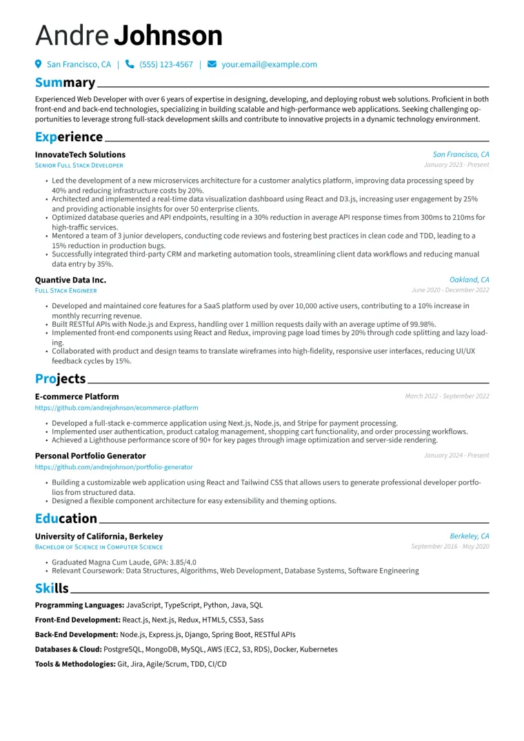 Experienced Web Developer Resume Example preview