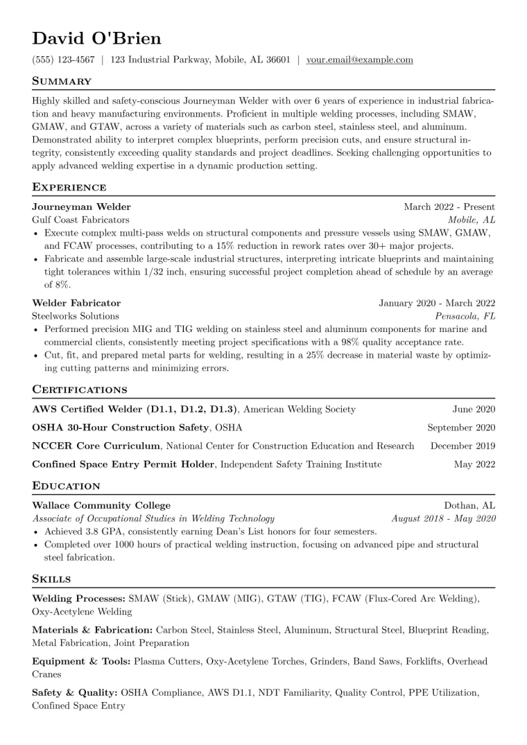 Experienced Welder Resume Example CV template preview