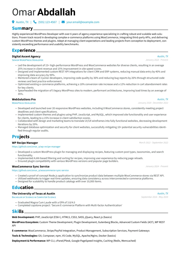 Experienced WordPress Developer Resume Example CV template preview