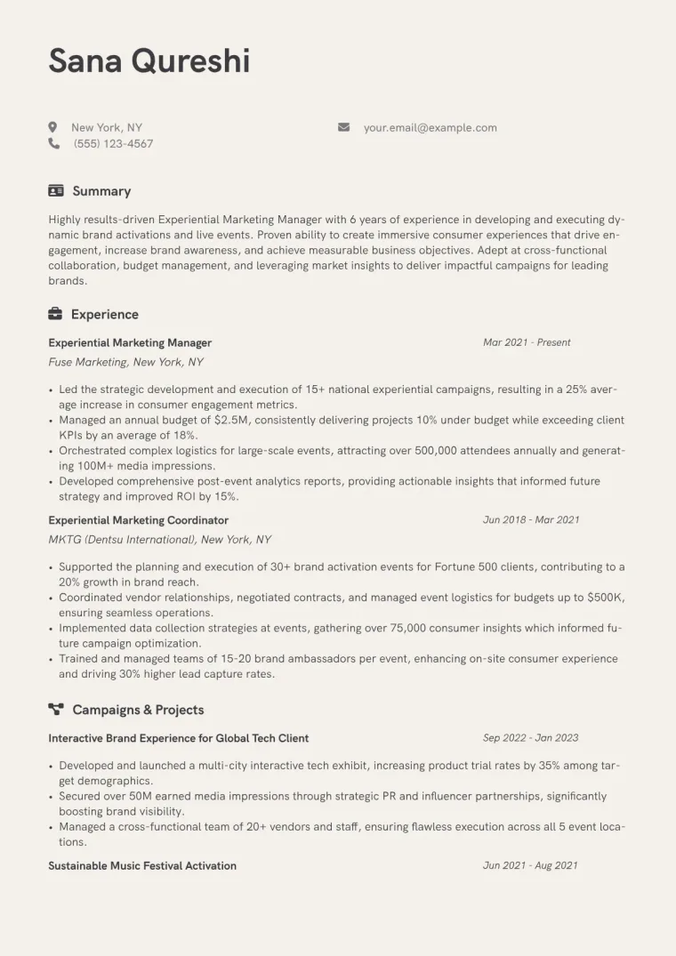 Experiential Marketing Manager Resume Example CV template preview