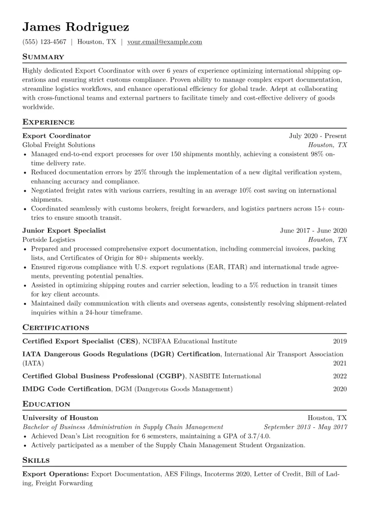 Export Coordinator Resume Example CV template preview
