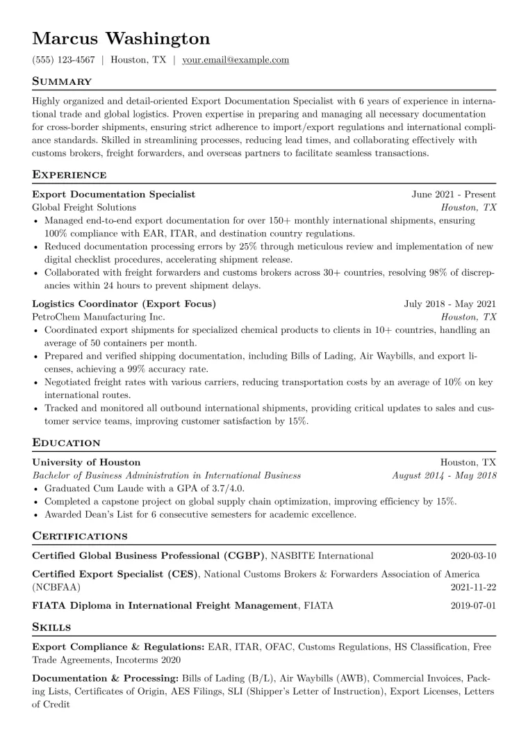 Export Documentation Specialist Resume Example CV template preview