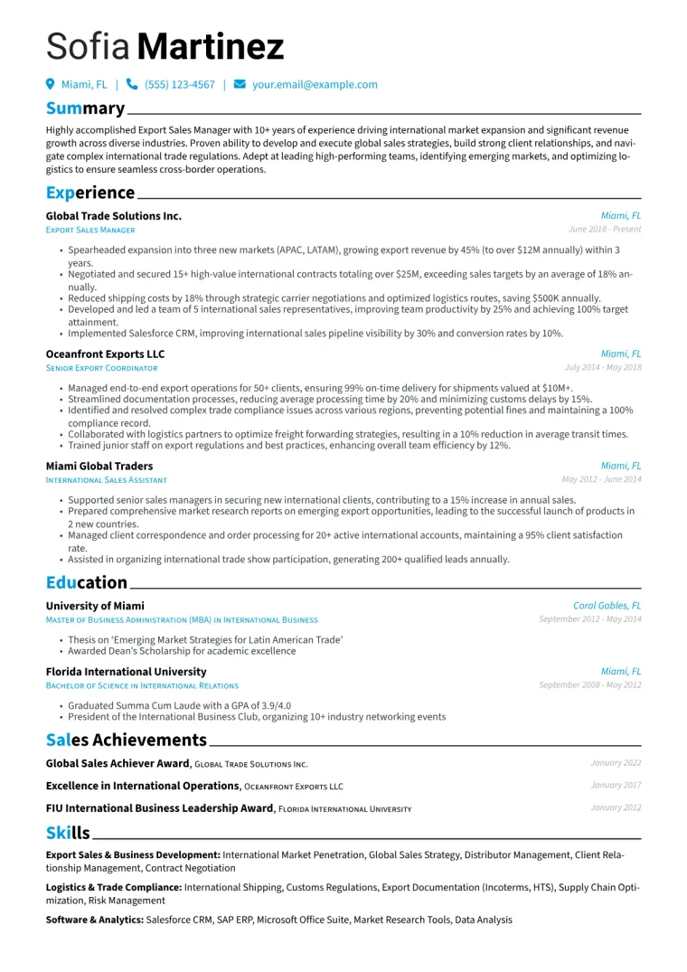 Export Sales Manager Resume Example CV template preview