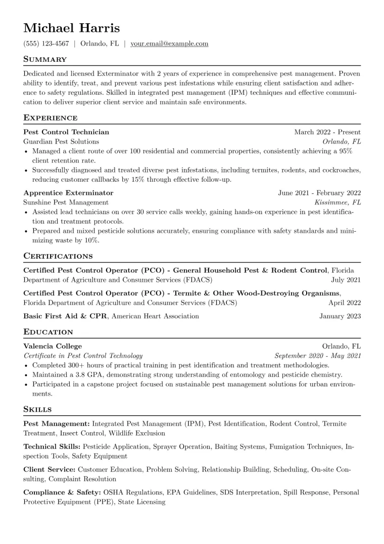 Exterminator Resume Example CV template preview