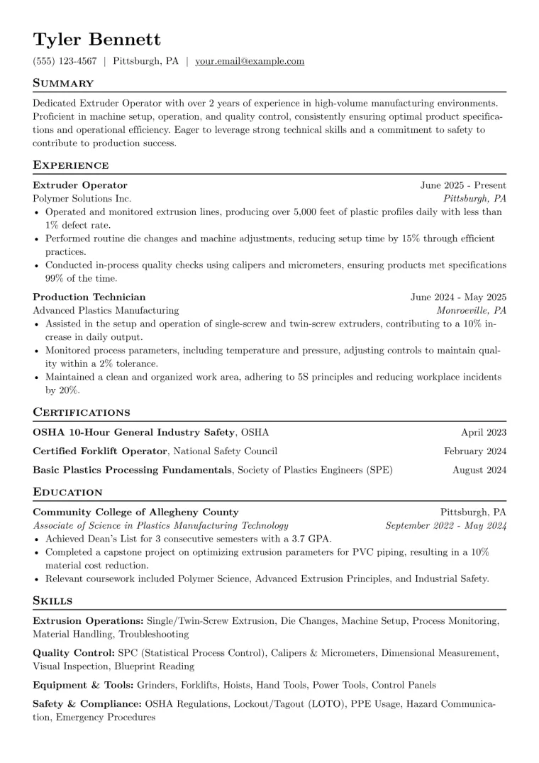 Extruder Operator Resume Example preview