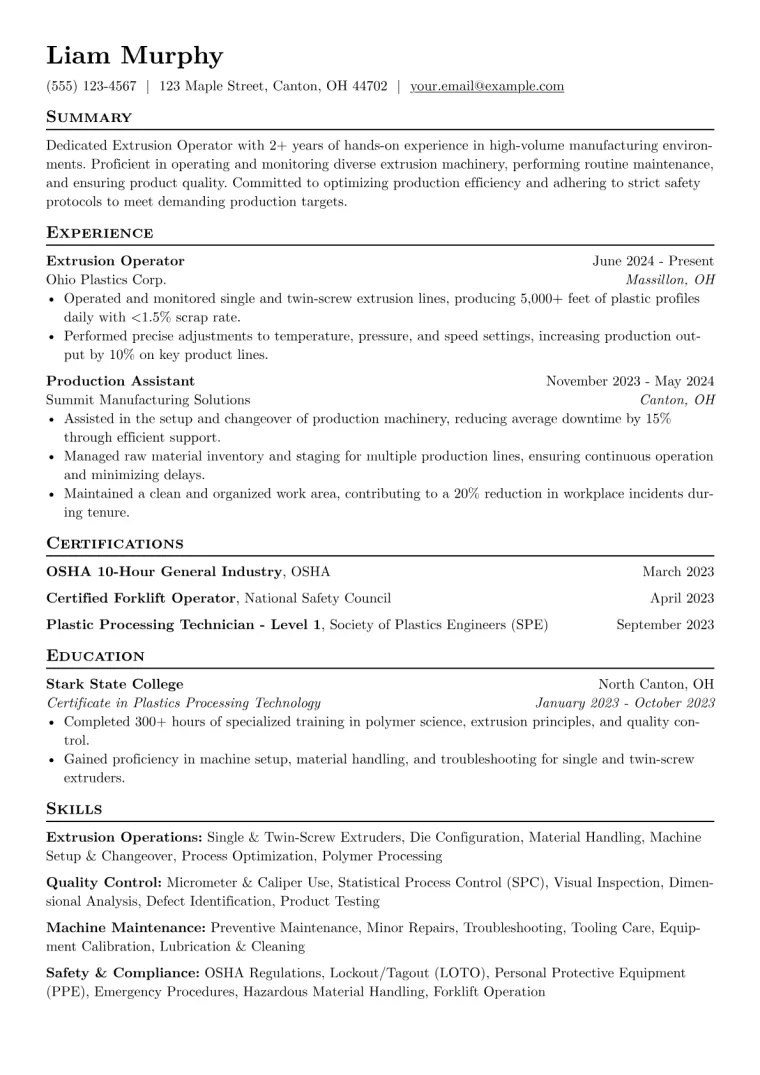 Extrusion Operator Resume Example preview