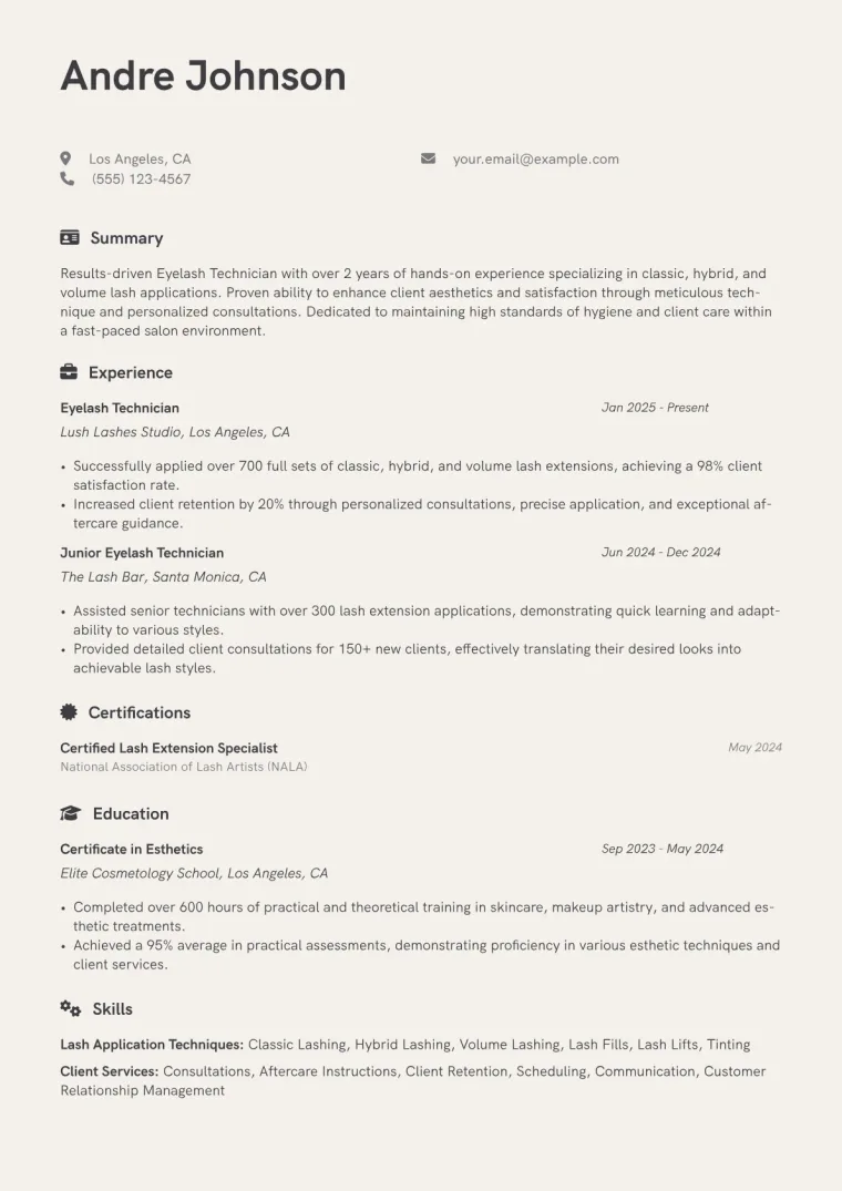 Eyelash Technician Resume Example CV template preview