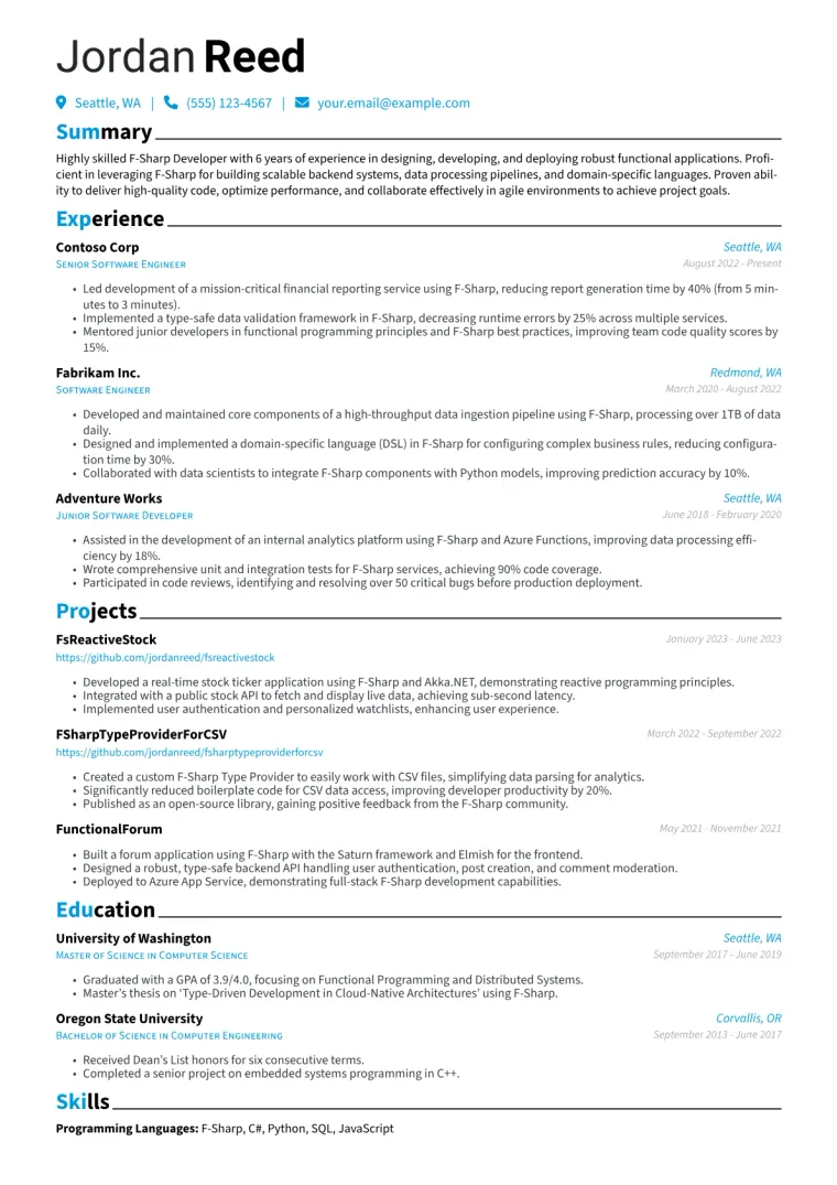 F-Sharp Developer Resume Example CV template preview