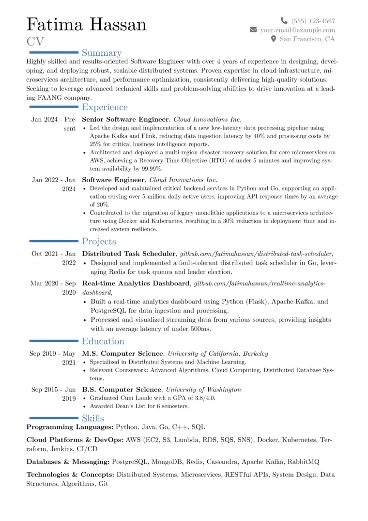 FAANG Resume Example CV template preview