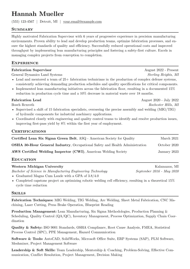 Fabrication Supervisor Resume Example preview
