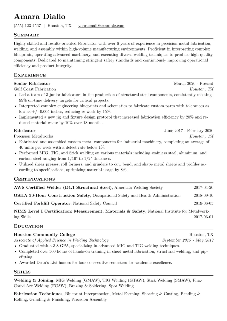Fabricator Resume Example CV template preview