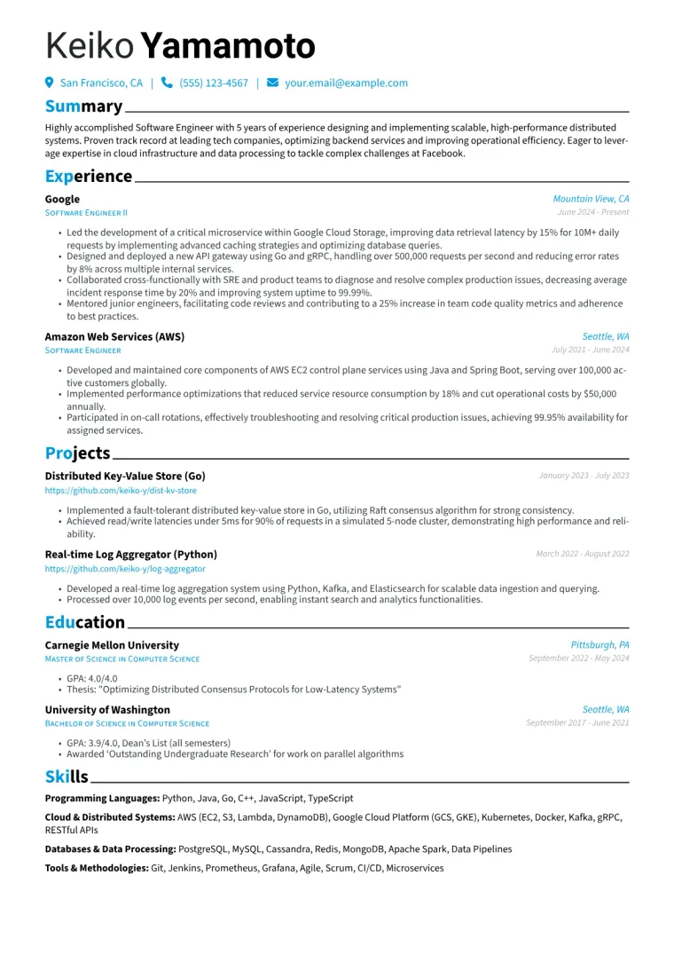 Facebook Resume Example CV template preview