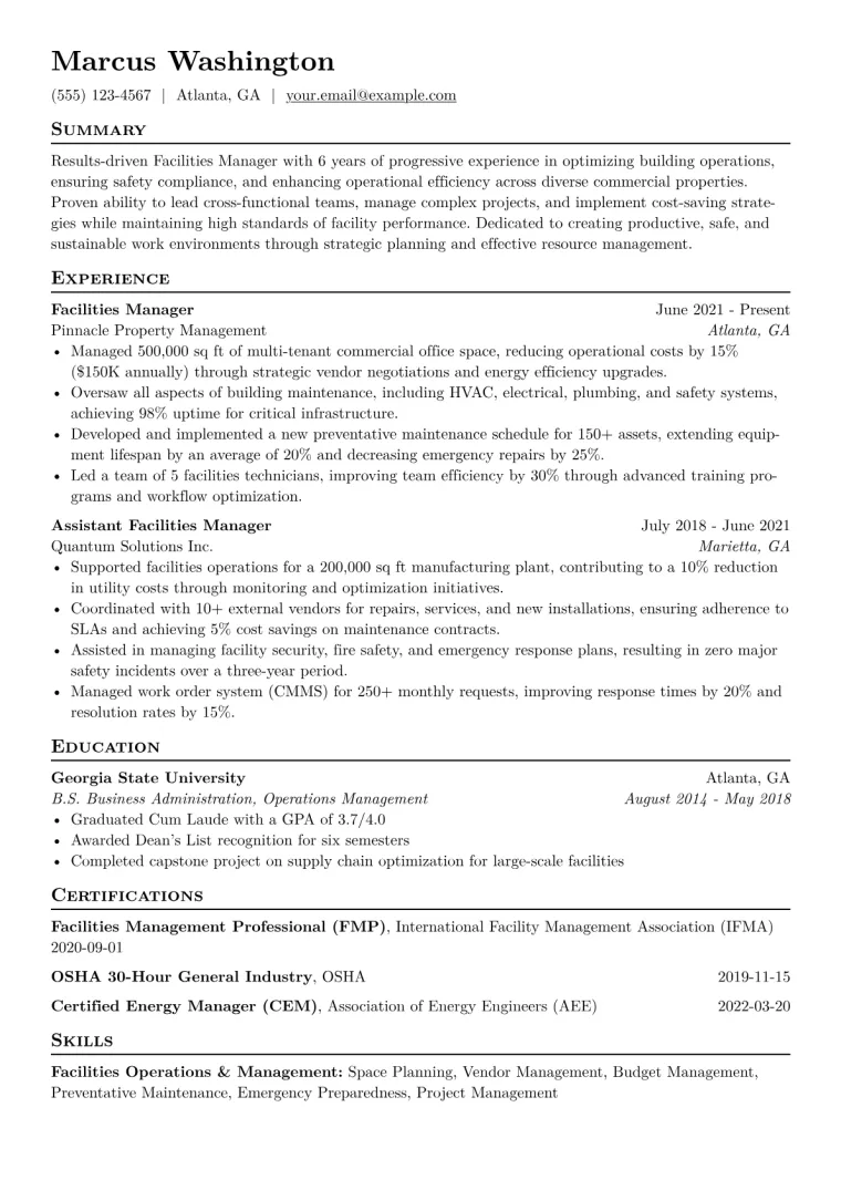 Facilities Manager Resume Example CV template preview