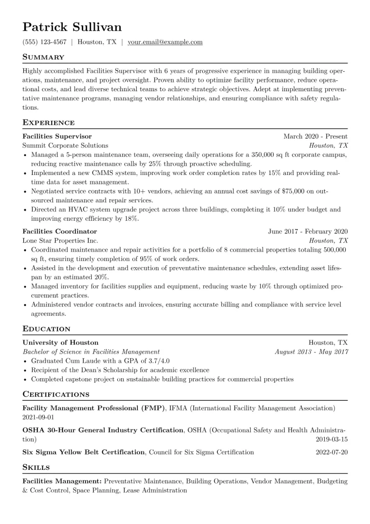 Facilities Supervisor Resume Example CV template preview