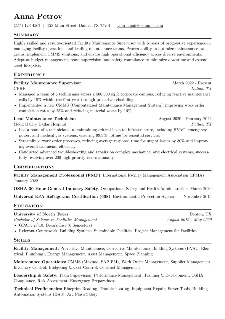 Facility Maintenance Supervisor Resume Example CV template preview
