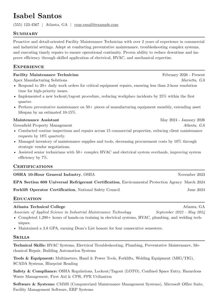 Facility Maintenance Technician Resume Example CV template preview