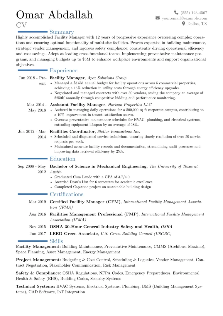 Facility Manager Resume Example CV template preview