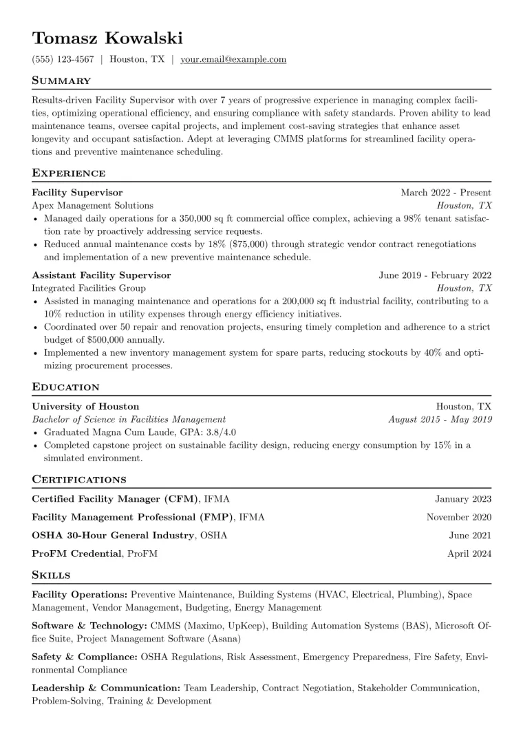 Facility Supervisor Resume Example preview