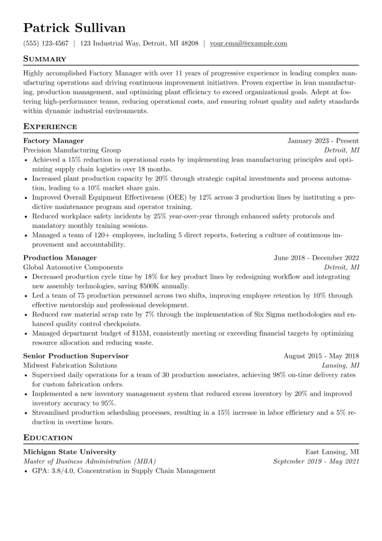 Factory Manager Resume Example CV template preview