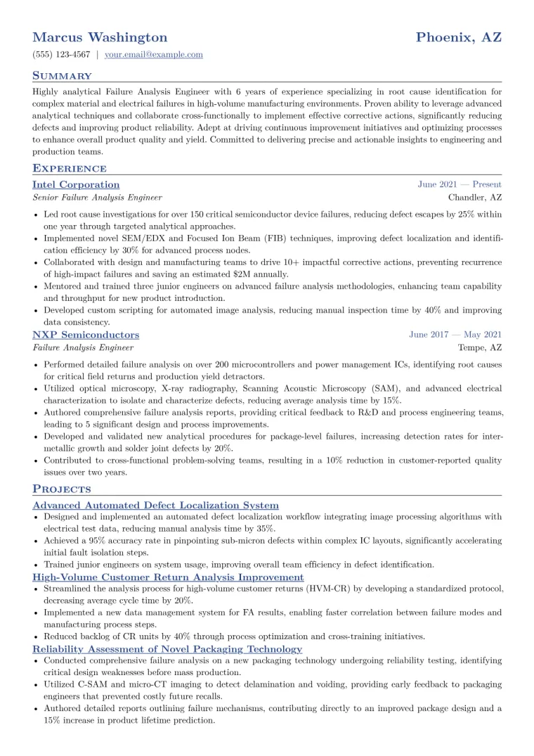 Failure Analysis Engineer Resume Example CV template preview