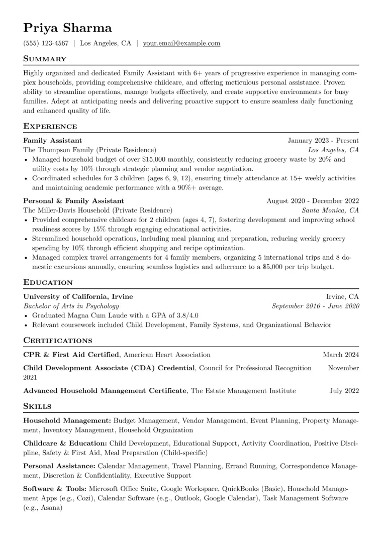 Family Assistant Resume Example preview