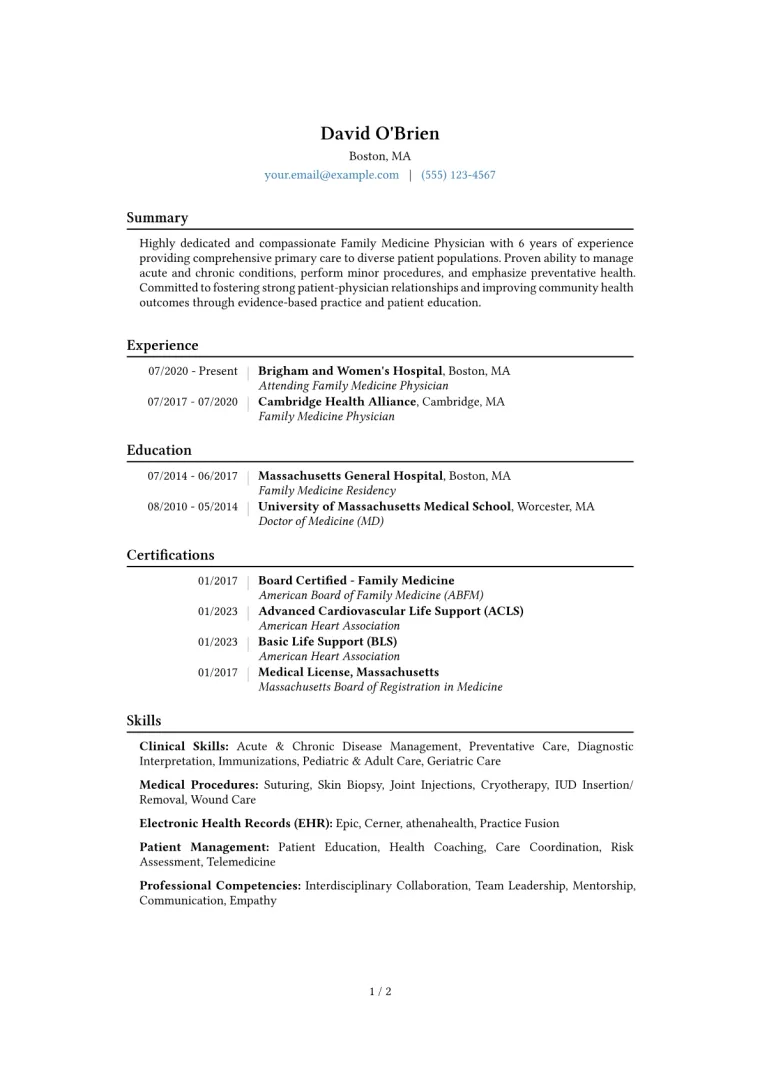 Family Medicine Physician Resume Example CV template preview