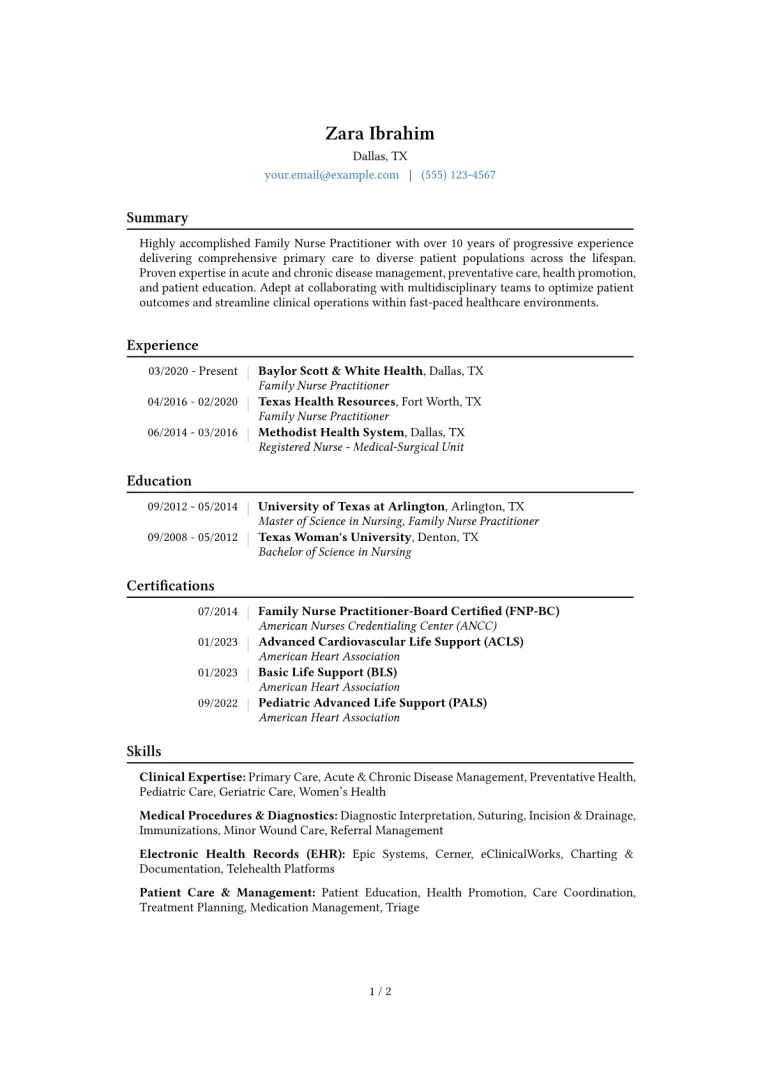 Family Nurse Practitioner Resume Example CV template preview
