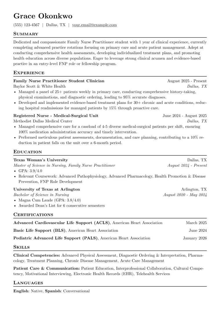 Family Nurse Practitioner Student Resume Example CV template preview