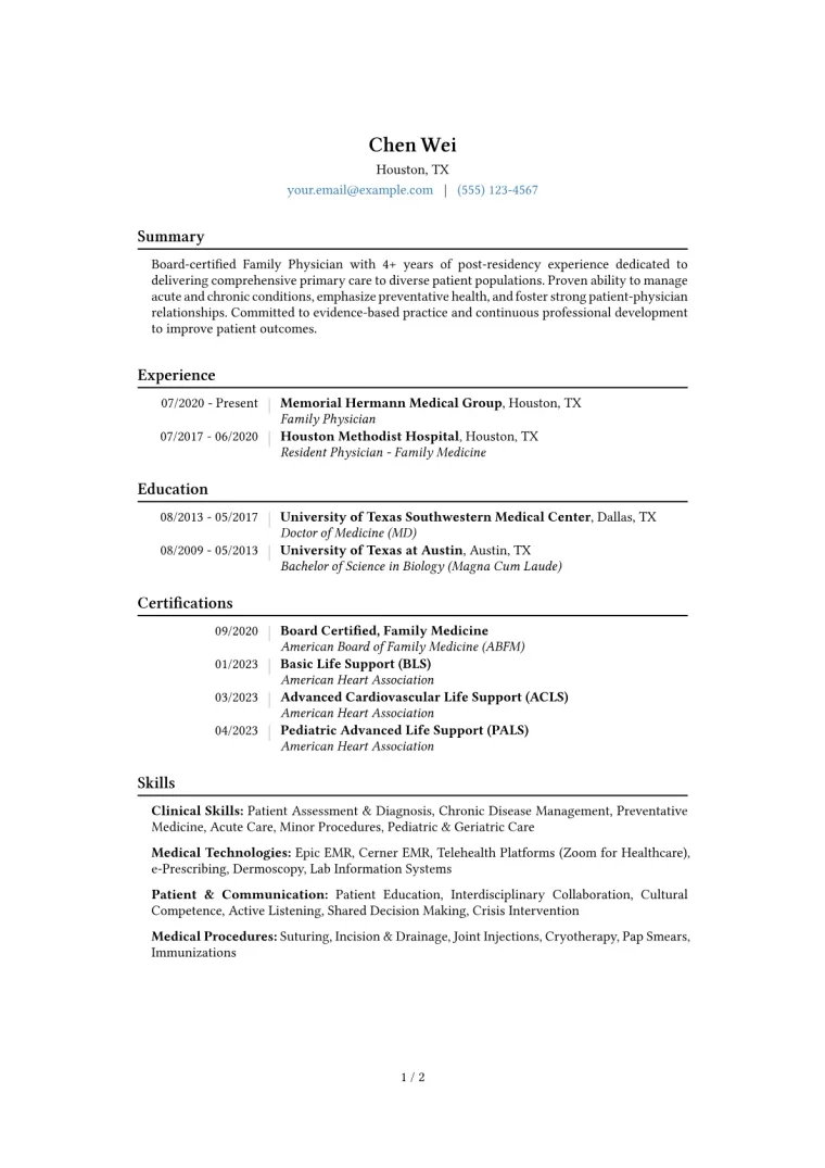 Family Physician Resume Example CV template preview