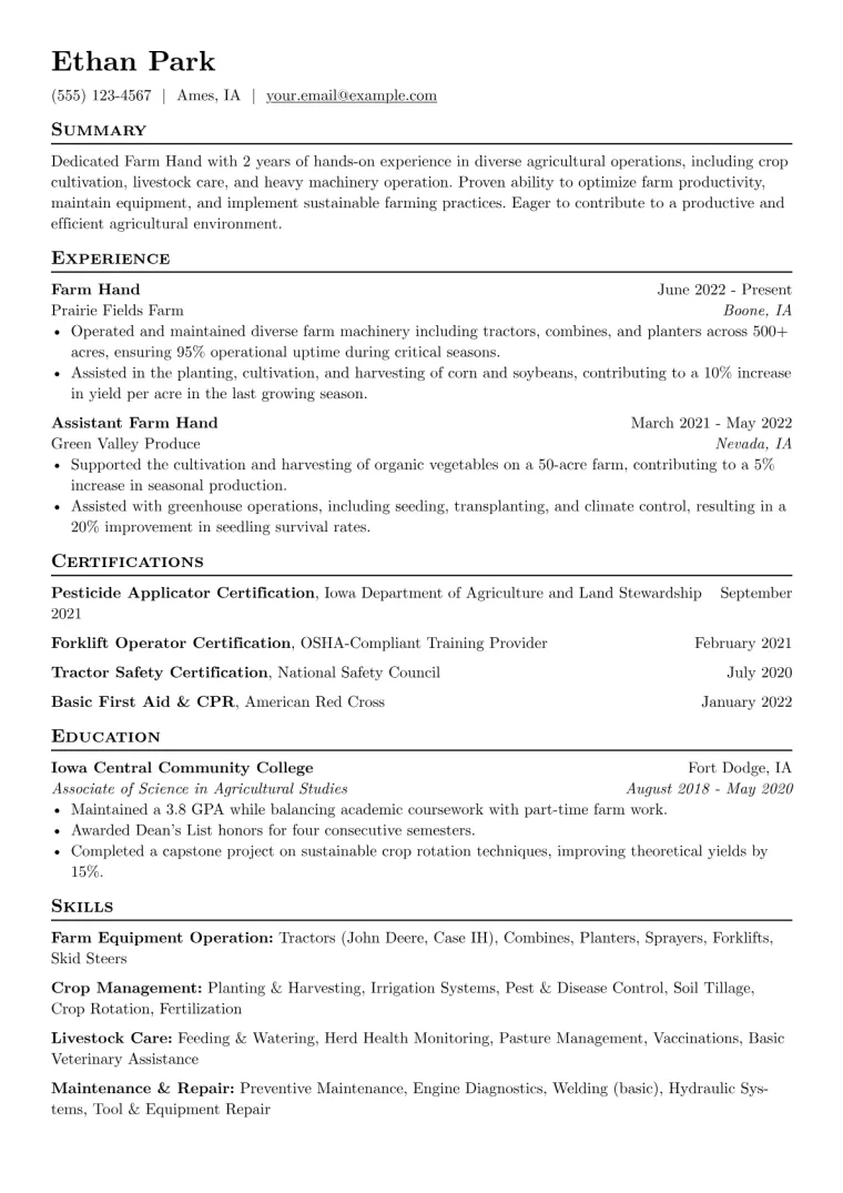 Farm Hand Resume Example CV template preview