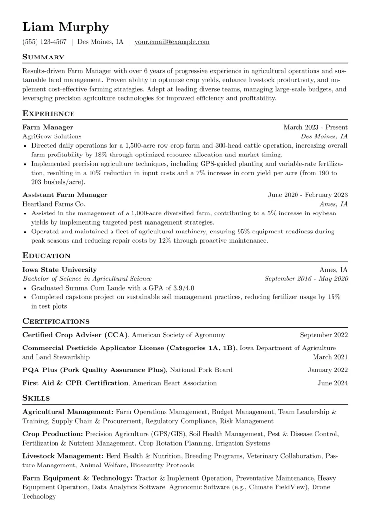 Farm Manager Resume Example CV template preview