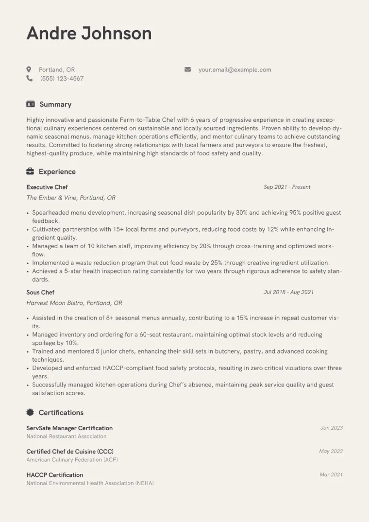 Farm-to-Table Chef Resume Example CV template preview