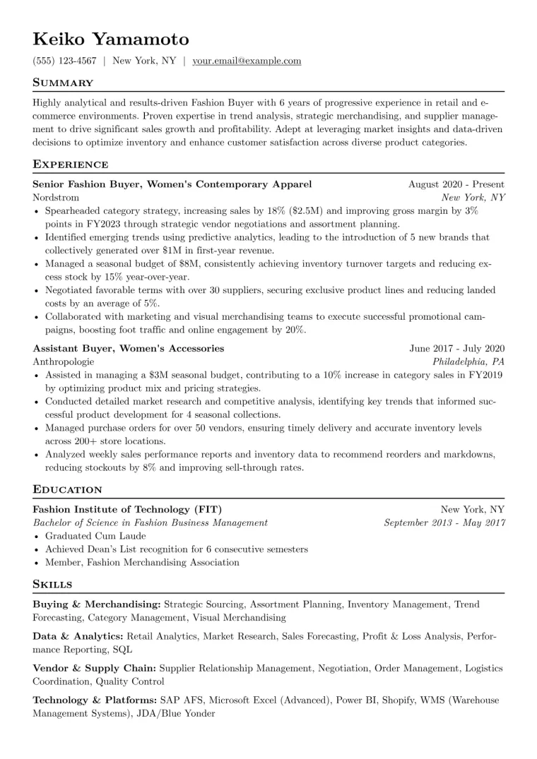 Fashion Buyer Resume Example CV template preview