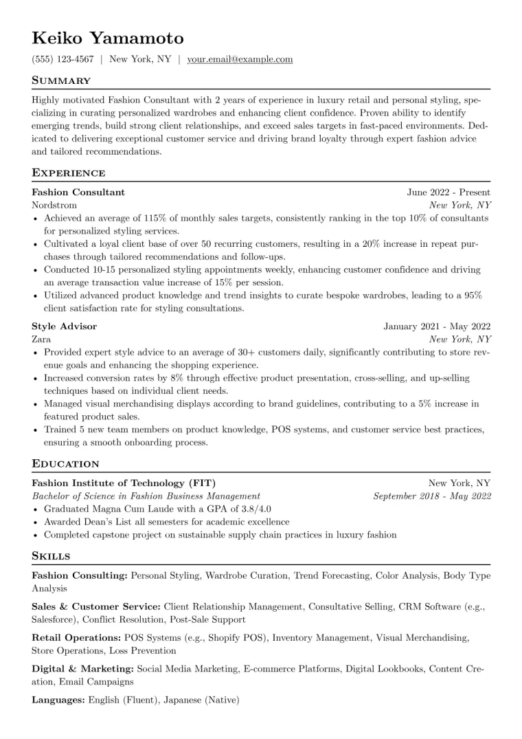 Fashion Consultant Resume Example CV template preview