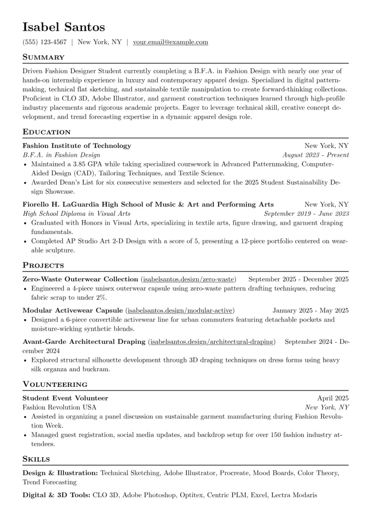 Fashion Designer Student Resume Example preview