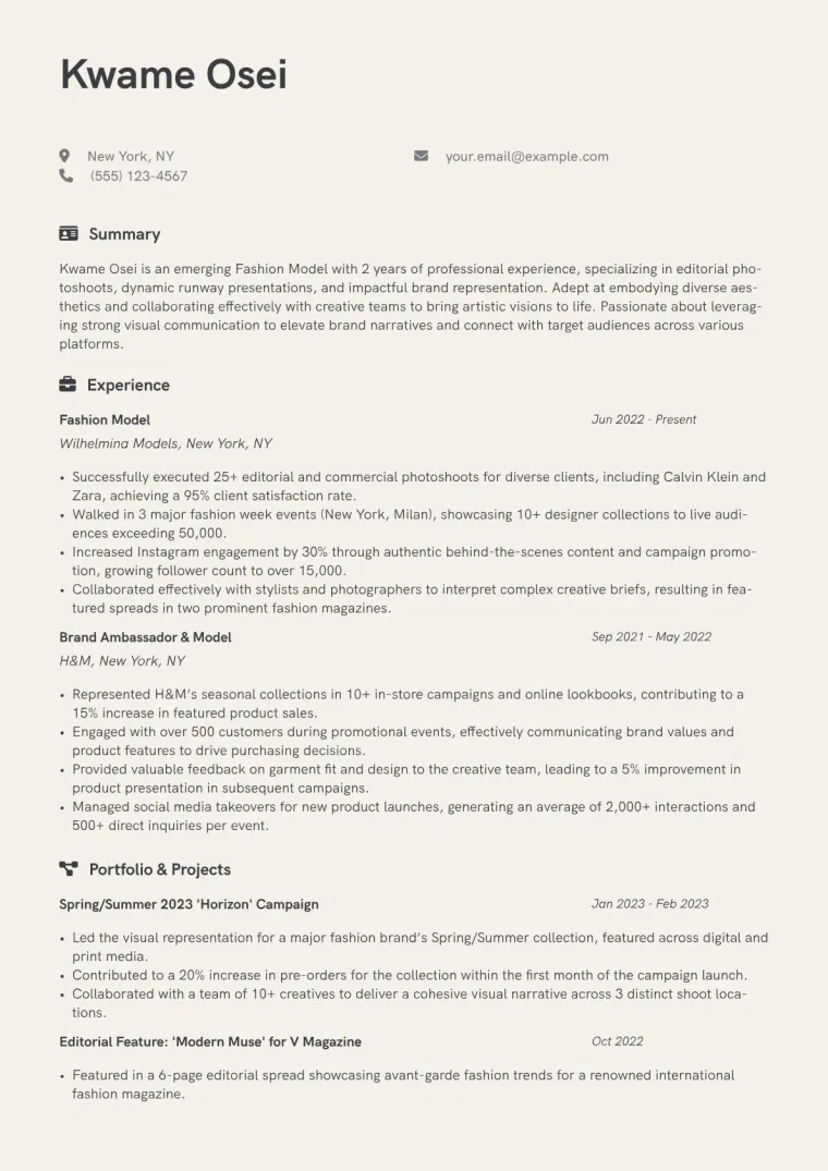 Fashion Model Resume Example CV template preview