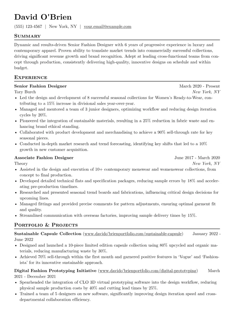 Fashion Resume Example CV template preview
