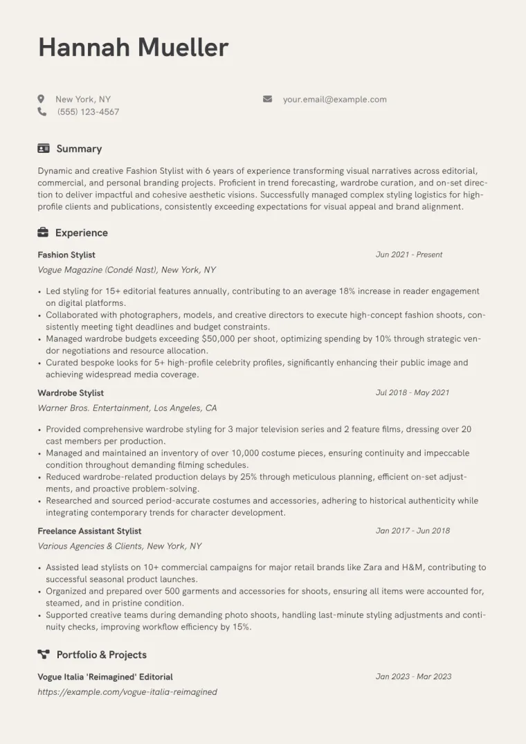 Fashion Stylist Resume Example CV template preview