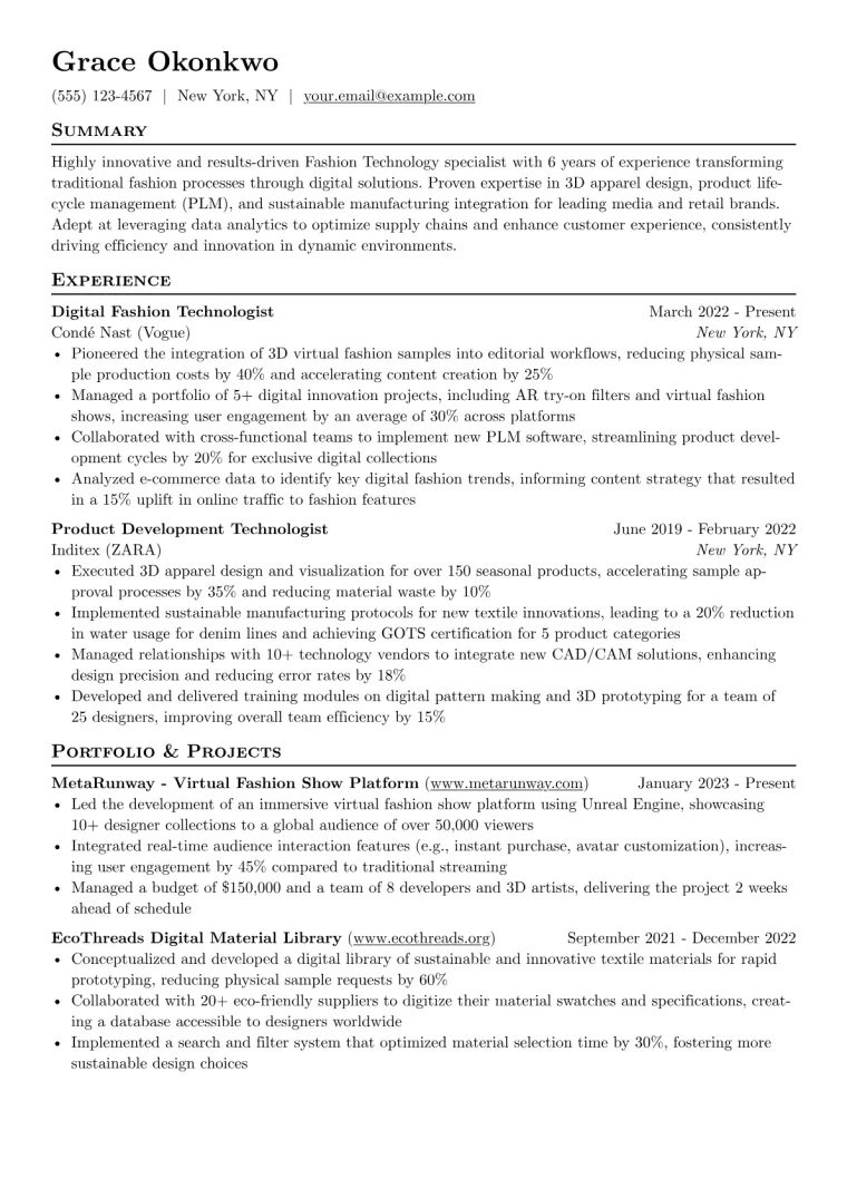Fashion Technology Resume Example CV template preview