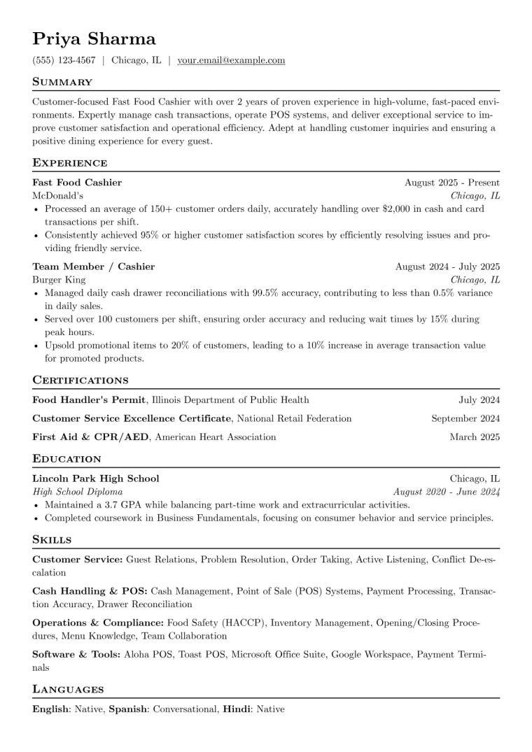 Fast Food Cashier Resume Example CV template preview