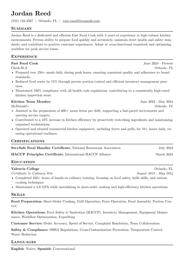 Fast Food Cook Resume Example CV template preview