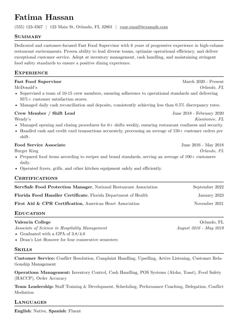 Fast Food Resume Example CV template preview