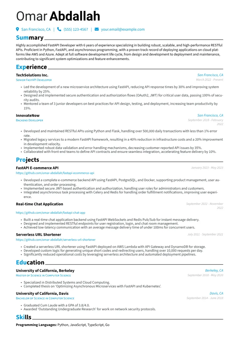 FastAPI Developer Resume Example CV template preview