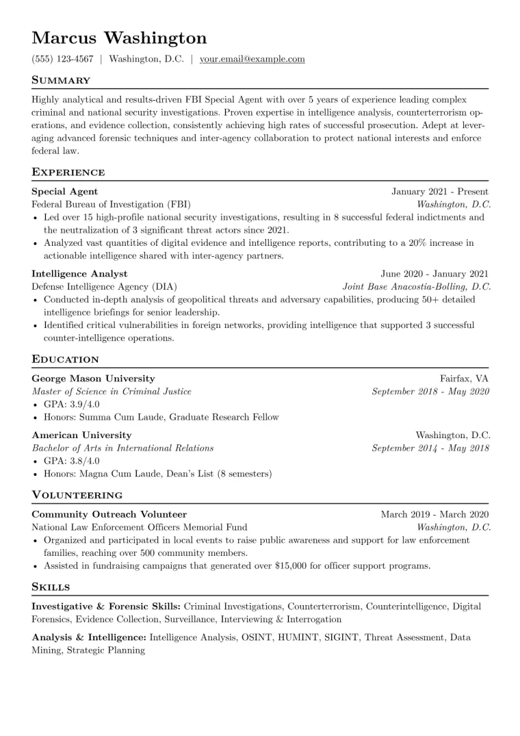 FBI Special Agent Resume Example CV template preview