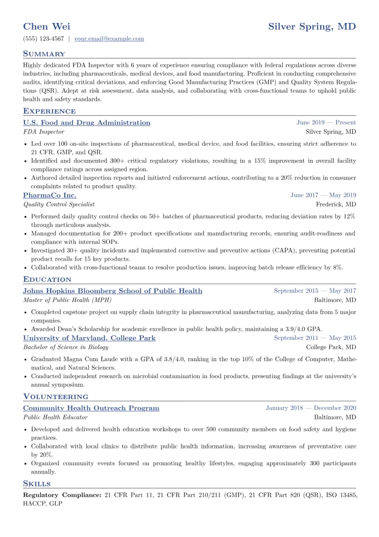 FDA Inspector Resume Example CV template preview