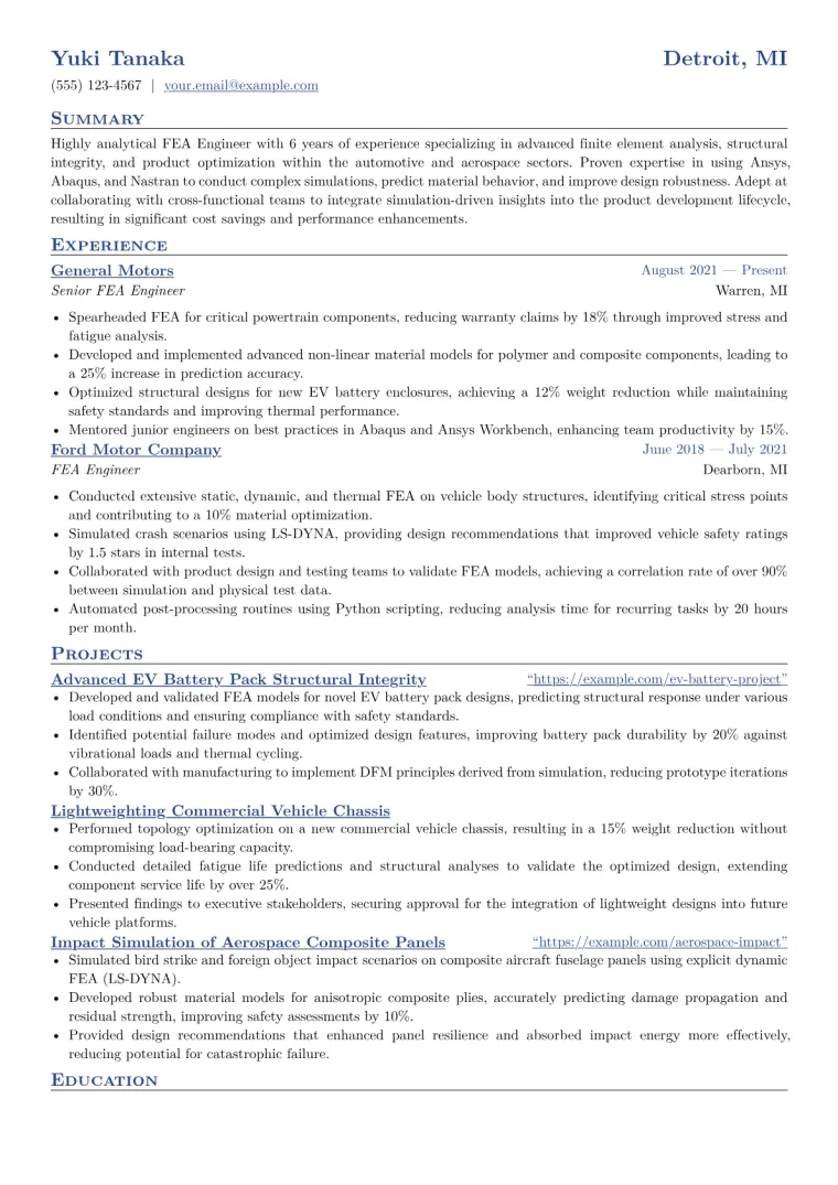 FEA Engineer Resume Example CV template preview