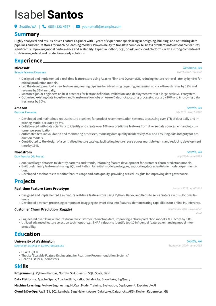 Feature Engineer Resume Example CV template preview