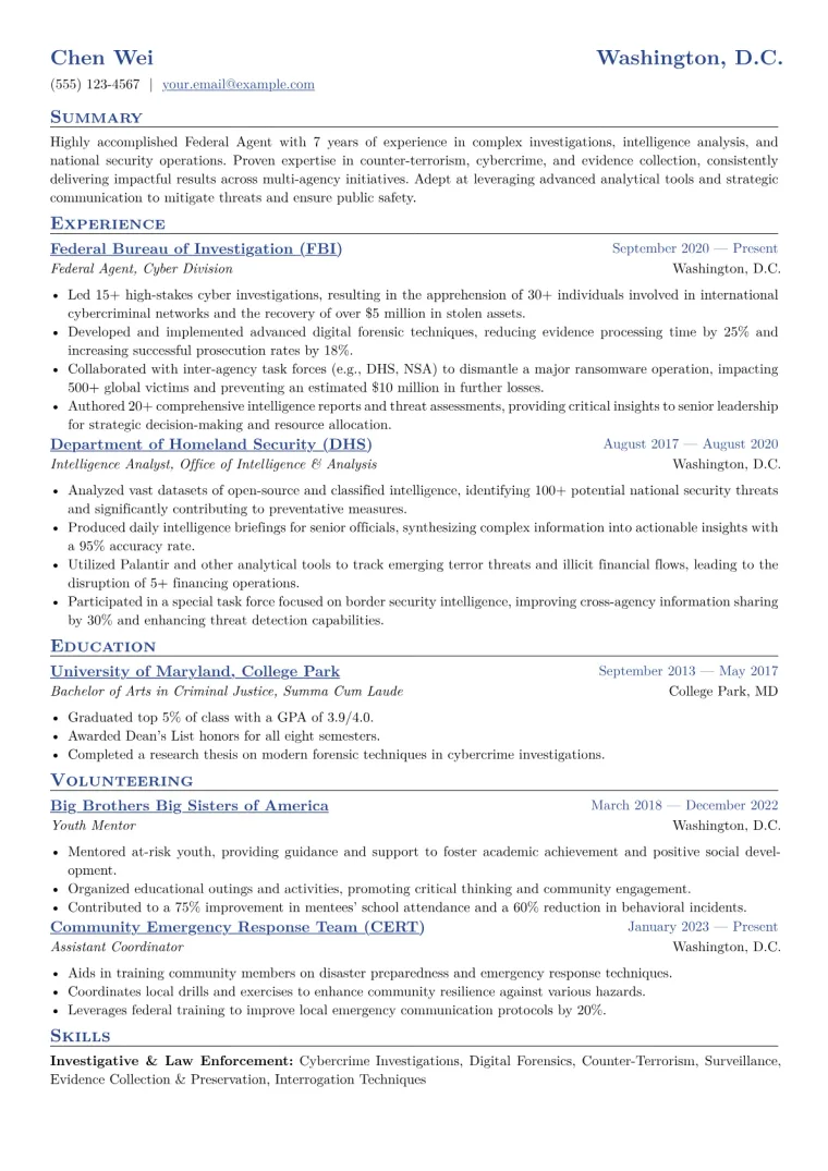 Federal Agent Resume Example CV template preview